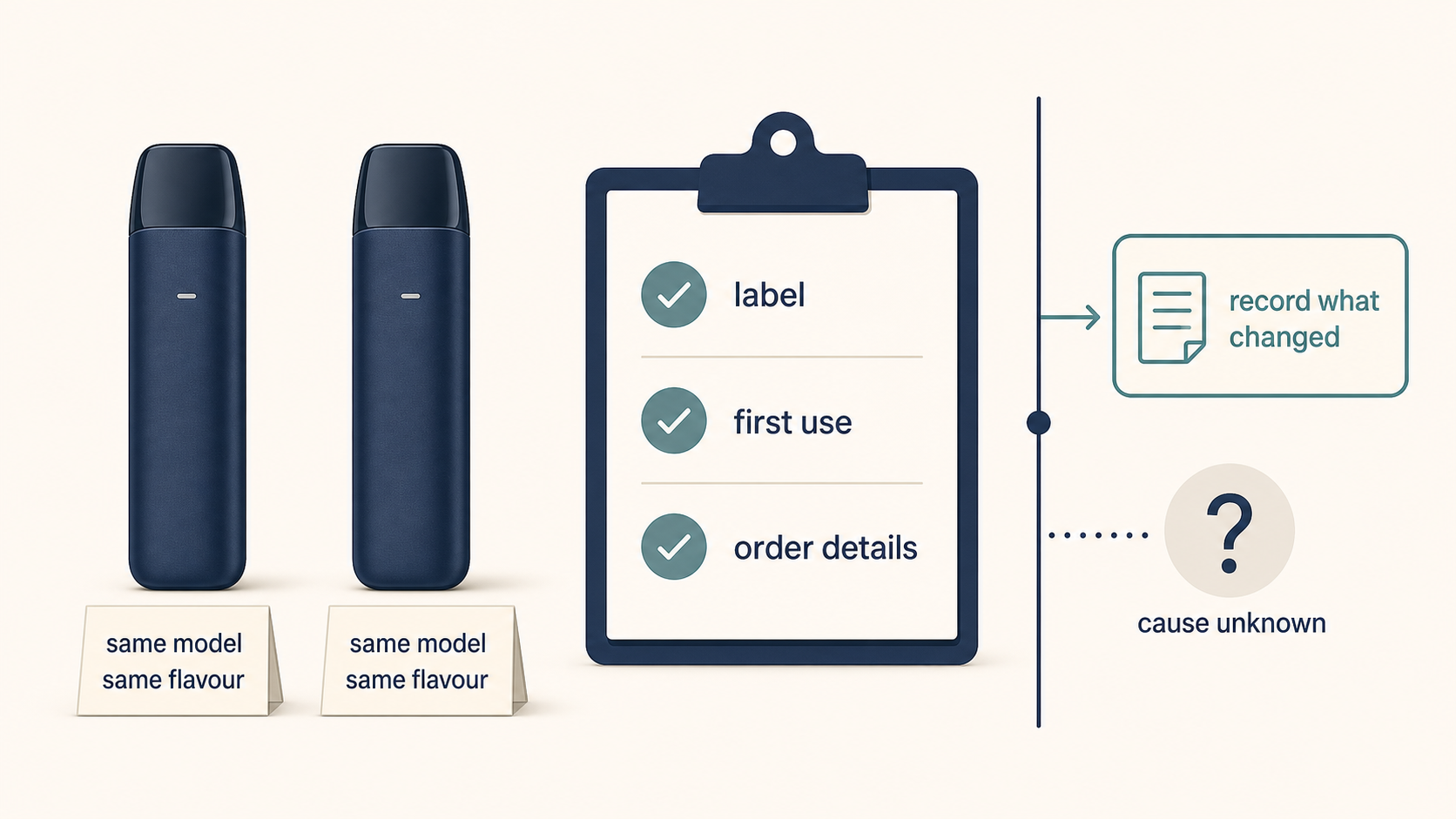 Editorial illustration comparing two same-labelled units with a checklist and an unknown-cause boundary